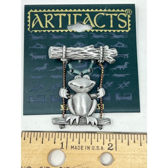 JJ Artifacts Frog On Rope Swing Silver Tone Articulated Pin Brooch 1986 Vintage - Picture 5 of 6